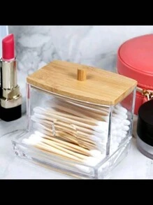 1/2pcs Acrylic Qtip Holder With Bamboo Lid, Clear Small Swab Dispenser, Plastic Ear Stick Swabs Holder, Toothpick Storage Container, Bathroom Countertop Decorative Storage Organizer - Multicolor - View 5