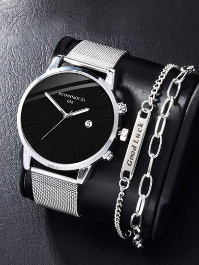 ECONOMICXI 2 件装简约圆盘指针男士手表手链套装礼物送给朋友送给父亲作为学生返校礼物