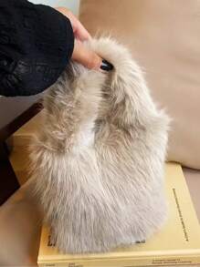 1pc毛绒手提包迷你托特包女新款秋冬可爱小众设计毛绒水桶包时尚，黑色，白色，灰色，棕色，粉色，卡其色，多种颜色，百搭时尚，可装纸巾，适合女学生和上班族日常通勤，便携外出。 - 彩色 - 查看 7