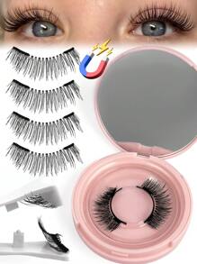 1 Pair Magnetic False Eyelashes Kit With Mirror & Applicator Glue-Free Eyelashes 3D Natural Manga Eyelashes Cat Eye Fluffy Faux Mink Eye Lashes With Tweezers Makeup Tool For Beauty Travel,Reusable Magnetic Eyelashes No Glue Needed 3D Natural Magnetic False Eyelashes Portable Cosmetic Tool,Magnetic Eyelash Set - Natural Looking, Magnetic Adhesion, No Glue Or Eyeliner Needed, Lightweight & Reusable, Comes With Tweezers For Easy Application - 黑色 - 查看 2