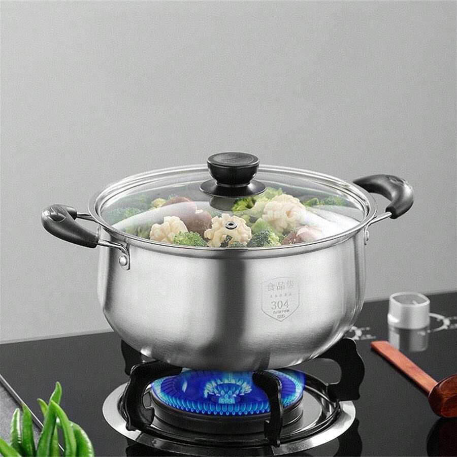 Multipurpose Stainless Steel Soup Pot: Perfect For Induction Cooking With Thick Base, Glass Lid & Elegant Design - View 1