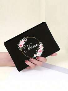 1pc Floral Wreath Personalized Bridesmaid Makeup Bag, Travel Toiletry Organizer Cosmetic Bag, Custom Gift Pouch Girls Trip Gift