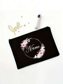 1pc Floral Wreath Personalized Bridesmaid Makeup Bag, Travel Toiletry Organizer Cosmetic Bag, Custom Gift Pouch Girls Trip Gift