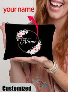 1pc Floral Wreath Personalized Bridesmaid Makeup Bag, Travel Toiletry Organizer Cosmetic Bag, Custom Gift Pouch Girls Trip Gift