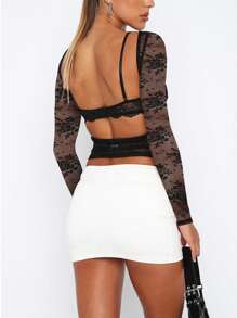 Women Y2K Floral Lace Shirt Top Long Sleeve Sheer Mesh See Through T Shirts Sexy Backless Slim Fit Going Out Crop Tee Tops Aesthetic Clothes Club Streetwear - màu đen - Xem 2