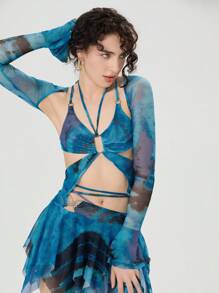 Women Y2k Butterfly Outfit 3 Piece Backless Long Sleeve Crop Top Mini Skirt Sets Rave Festival Fairy Streetwear Fairycore Beach Club - 藍色 - 查看 2