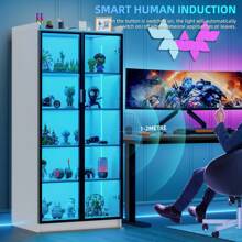 HNEBC Tall Storage Cabinet Up To 70", LED Kitchen Pantry Cabinet With Human Body Induction, 5 Tier Bookcase Display Cabinet With Adjustable Shelves For Living Room Office - 白色 - 查看 9