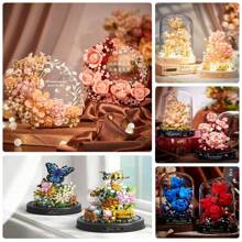 1pc Novo conjunto de presente de flores românticas - Conjunto de blocos de construção de capa de flor de hibisco champanhe, conjunto de decoração de quadro de mensagens de flores eternas românticas florescentes, capa de flor de animal, capa de flor de Natal, dia dos namorados, dia do professor, presente de aniversário