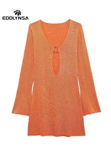 性感女式泳衣罩衫金属环镂空深 V 领针织裹身沙滩迷你裙喇叭袖短款沙滩装夏季 - 橘色 - 查看 3