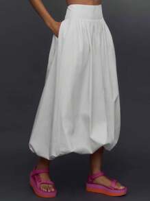 Women Y2k Bubble Maxi Skirt Summer Elastic Low Waist A Line Long Skirt Casual Fairy Ruffle Pleated Midi Dress - 白色 - 查看 1
