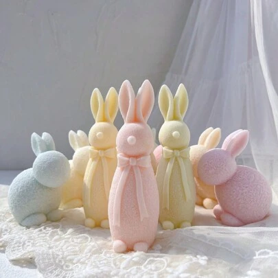 Flocked Rabbit Silicone Candle Molds Bowknot Bunny Silicone Mold Animal Bunnies Wax Mould Easter Home Decor