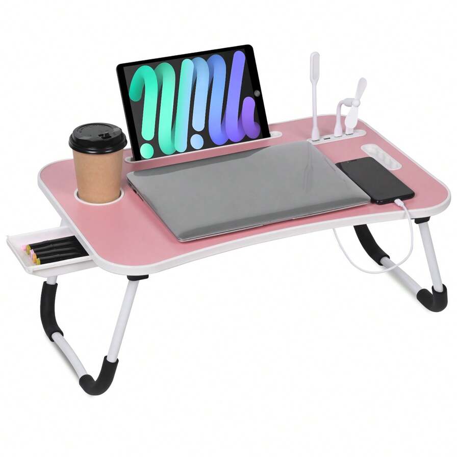 Escritorio para cama para computadora portátil, mesa plegable portátil para computadora portátil con puerto de carga USB, portavasos y cajón de almacenamiento, bandeja de escritorio para regazo para cama, sofá y piso, para escribir, leer o comer - Rosa - Ver 1