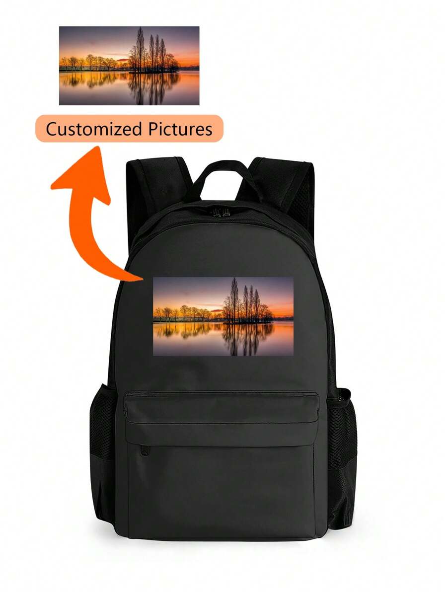 1pc Customized Text Or Graphic Print Fashionable Casual Multi-Function Large Capacity Backpack, Laptop Bag, Gym Bag - Black - View 1