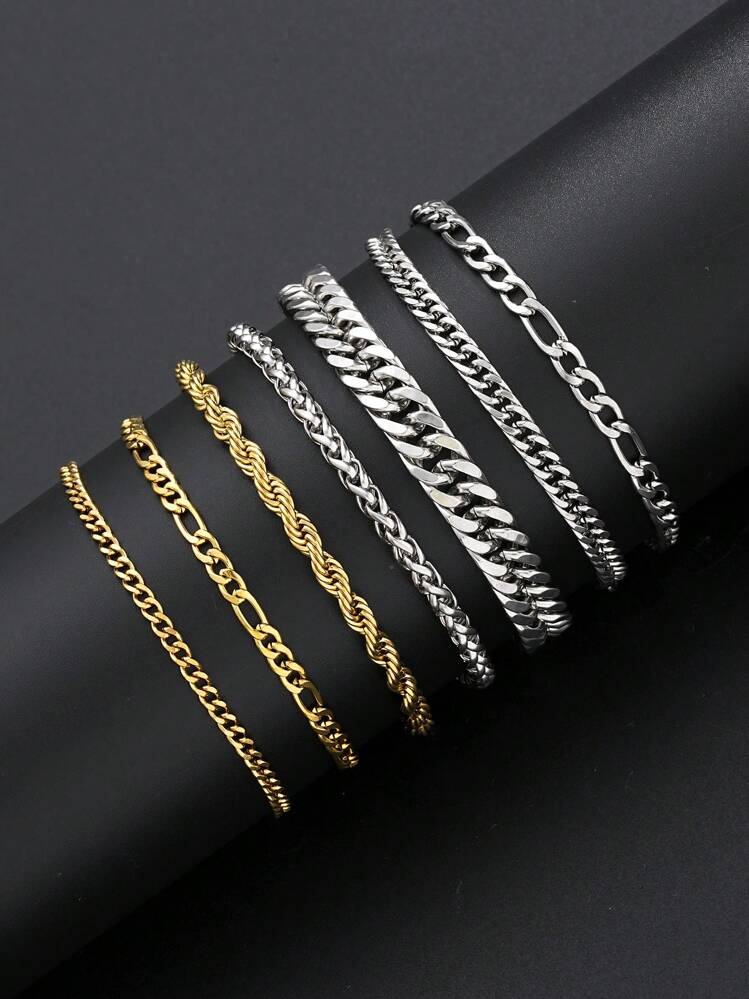 7pcs Stainless Steel Chain Bracelet Set, Simple Style For Men, Suitable For Vacation, Date, Gift, Casual Party Outfit - Multicolor - View 11