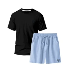 Modern Men's Linen Shorts And T-Shirt Set - 黑色 - 查看 1