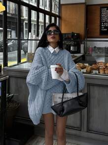 Áo len dệt kim cổ tròn dài tay trễ vai màu trơn thời trang thường ngày ấm áp cho nữ, mặc hàng ngày ngày lễ, quần áo rộng thùng thình, áo len dệt kim, mùa thu đông - Xem 3