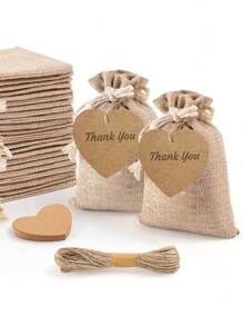 40pcs-Drawstring Card Linen Gift Bag, Heart-Shaped Bag Drawstring Dinen Gift Bag, Perfect For Valentine's Day, Wedding, Birthday, Party Gifts, Valentine's Days - Apricot - View 1