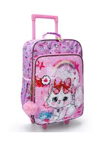 BLING BABIES Girs Wheeled Suitcase, 18 Inch Double-Sided Pink Cartoon Cat Sequins Design, Carry-On Suitcase, Nighttime Reflective. - one-size - View 3