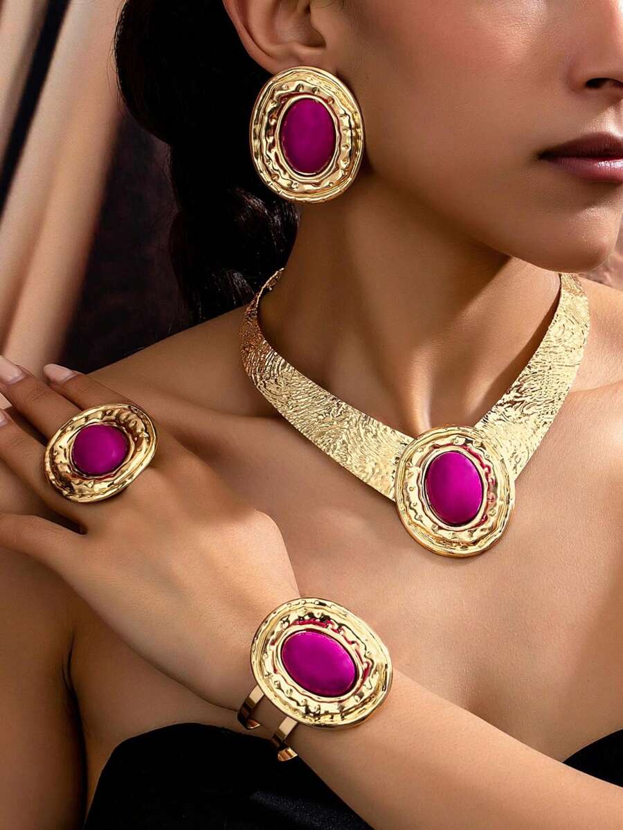 1 Set New Exaggerated Personalized Rhinestone Embellished Asymmetric Necklace, Earrings, Bracelet, Ring Jewelry Set For Women, Party & Holiday Gift