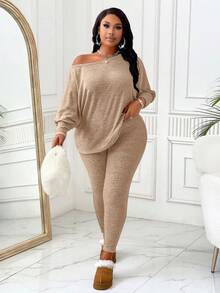 BIUBIU Plus Size Women Spring & Autumn Solid Color Round Neck Batwing Sleeve Top And Pants Casual Suit - Brown - View 3