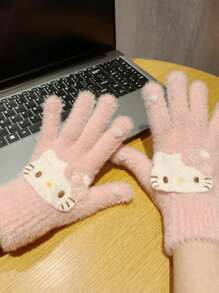 Sanrio 1 Par de Luvas Cartoon Hello Kitty, Forro Térmico Grosso, Fofo, à Prova de Vento, Adequado para Ciclismo no Outono e Inverno