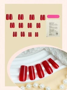 24Pcs Christmas Red Press On Nails Set Medium Long Square False Nails Minimalist Christmas Red Designs Glossy Fake Nails For Women Girls Daily Wear - Includes Nail File & Jelly Adhesive Nail Supplies Nails
