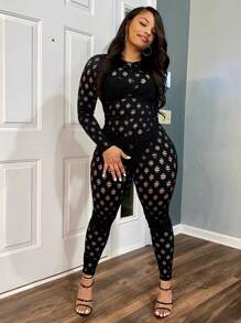 S390414 女士秋冬性感镂空花卉做旧拉链细节纯色长袖紧身连体裤 - 黑色 - 查看 1