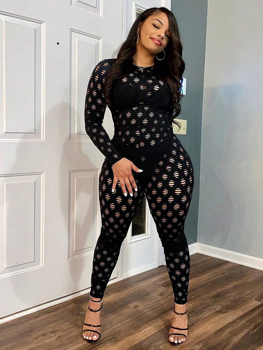 S390414 女士秋冬性感镂空花卉做旧拉链细节纯色长袖紧身连体裤 - 黑色 - 查看 1