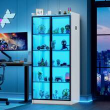 HNEBC Tall Storage Cabinet Up To 70", LED Kitchen Pantry Cabinet With Human Body Induction, 5 Tier Bookcase Display Cabinet With Adjustable Shelves For Living Room Office - 白色 - 查看 8