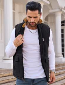 Cotrasen Men's Casual Vest Coat Winter Padded Lined Warm Sleeveless Jacket Multi-Pocket Outdoor Work Jacket - Black - View 3