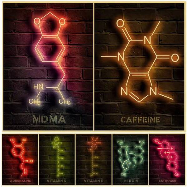 1pc/3PCS Wall Arts Posters Optional Frame Modern Chemistry Neon Light Molecular Logo Bare Cover Mushroom Xanax Thc Poster Canvas Painting Wall Art Images Home Living Room Decoration Frameless ,Wall Art With Frame