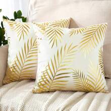 1pc Gold Foil Printed Leaves Pattern Pillow Case - White - View 4