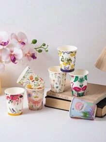 10 buc/20 buc/50 buc pahare de hartie de unica folosinta de 9 oz, serie cu animale si plante colorate, potrivite pentru petreceri de aniversare, intruniri de familie, picnicuri, decoratiuni pentru petreceri, mai multe culori Vanzare disponibila aleatoriu - Multicolor - Vizualizare 3