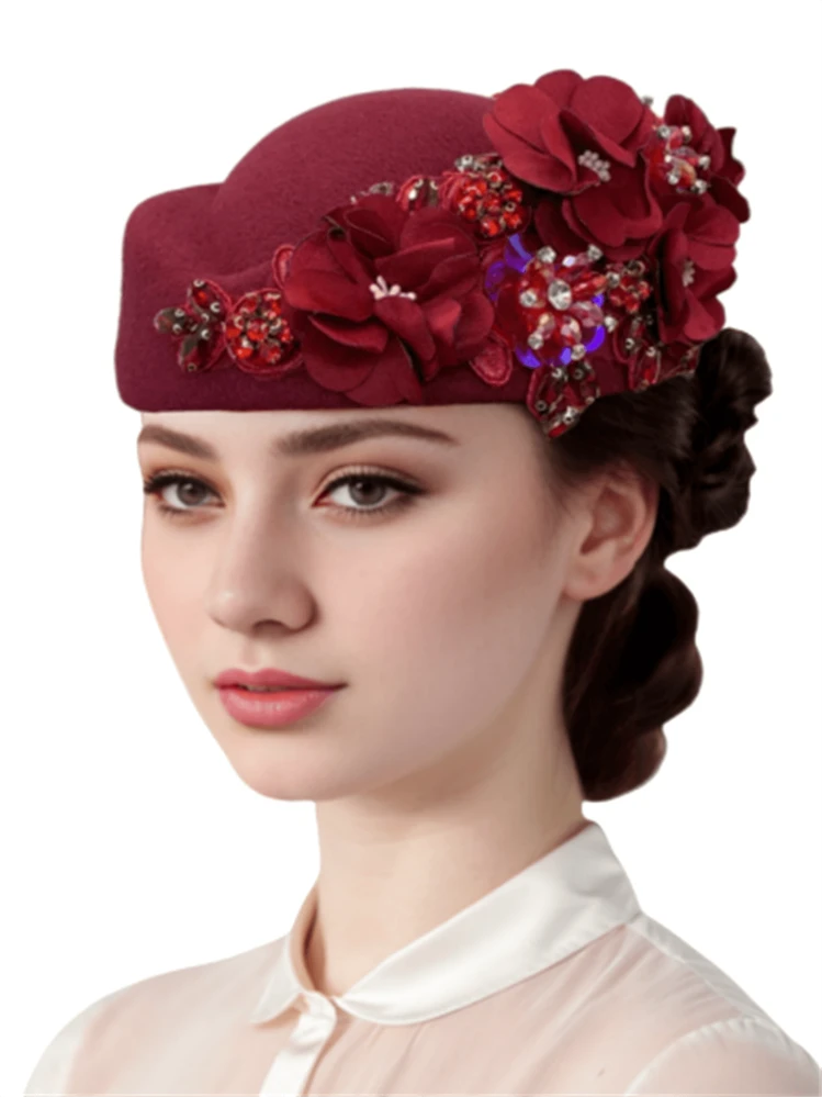 1Pc Felt Turban Hat Pillbox Hats For Women Derby Hat Fascinator Hats With Flower Embellished Elegant Ladies Tea Party Hats Vintage Beret Hat Decorated With Rhinestone Fashion Fedoras Cap For Cosplay Costume Accessories For Wedding Party Women Ladies Gift 2024 New Style. - Multicolor - View 5