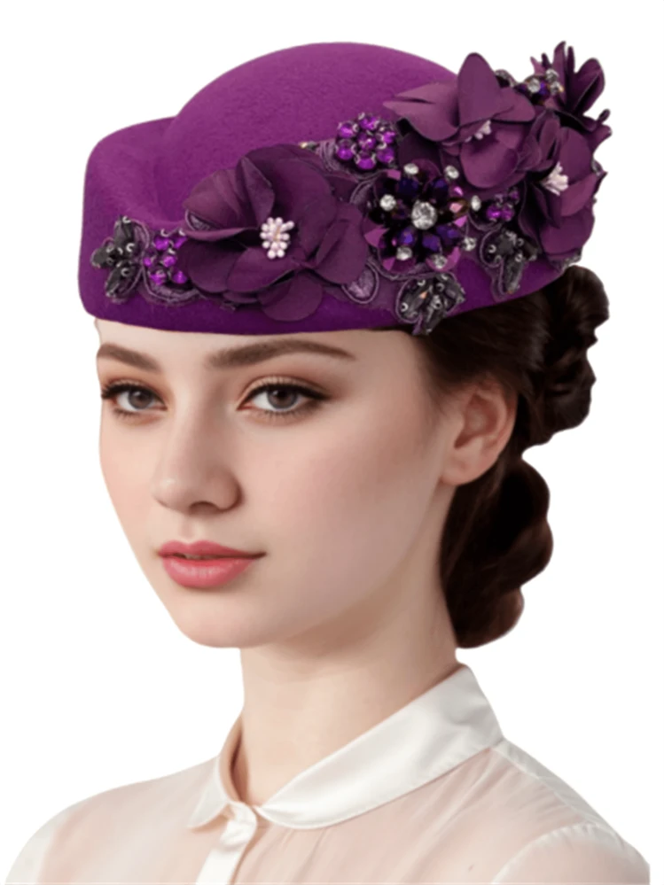 1Pc Felt Turban Hat Pillbox Hats For Women Derby Hat Fascinator Hats With Flower Embellished Elegant Ladies Tea Party Hats Vintage Beret Hat Decorated With Rhinestone Fashion Fedoras Cap For Cosplay Costume Accessories For Wedding Party Women Ladies Gift 2024 New Style. - Multicolor - View 9