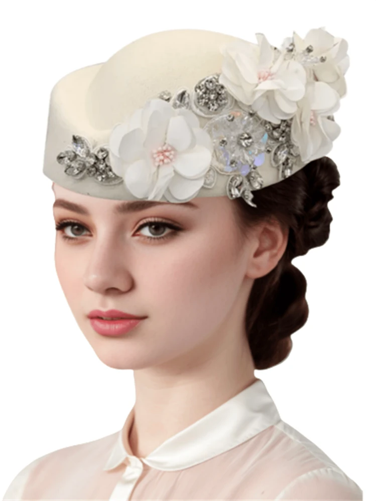 1Pc Felt Turban Hat Pillbox Hats For Women Derby Hat Fascinator Hats With Flower Embellished Elegant Ladies Tea Party Hats Vintage Beret Hat Decorated With Rhinestone Fashion Fedoras Cap For Cosplay Costume Accessories For Wedding Party Women Ladies Gift 2024 New Style. - Multicolor - View 3