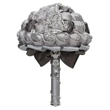 新娘婚礼奢华蝴蝶花束，闪亮银水晶缎带玫瑰，勃艮第奶油色面料永生花花束 W2216-Z