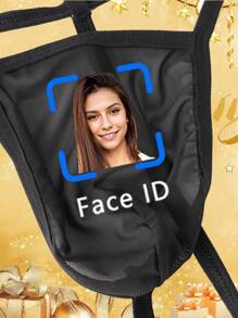 Custom Men Black Net Trim Thong Underwear, Personalized Face ID Print Sexy Breathable Lingerie, Intimate Valentine's Day Gift