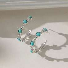 Bộ 1-3 đôi hoa tai hình chữ C khảm ngọc lam hình bán nguyệt họa tiết hoa phóng đại - Bộ 3 đôi bông tai hình chữ C - Xem 2