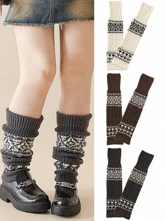 1pc Retro Knitted Tulip Pattern Warm Leg Warmers, Maillard Color Rhombus Knitted Thick Crew Leg Warmers, Mid-Calf Slimming Snow Boots Leg Warmers For Women, Autumn/Winter