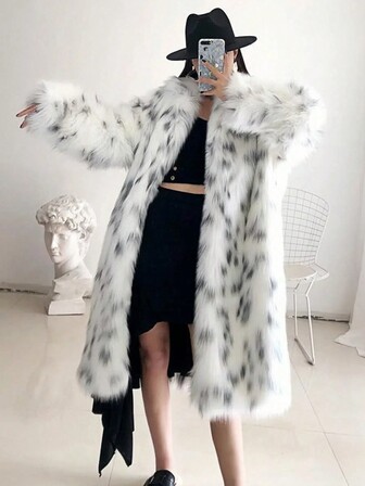 Elegant lång fuskpälskappa för kvinnor, plyschiga vinterytterkläder med krage, vanliga ärmar och praktiska fickor, lös passform