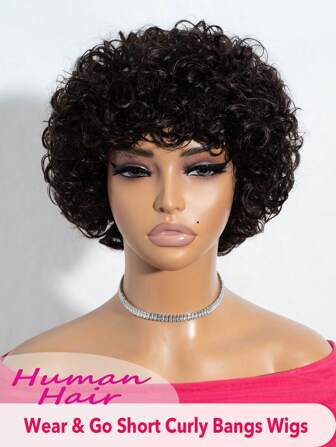 Human Hair Short Deep Curly Bob Wigs With Bangs 6 Inch Brazilian Afro Curly Human Hair Wigs Glueless Machine Made Short Pixie Cut Wigs For Women Natural Black