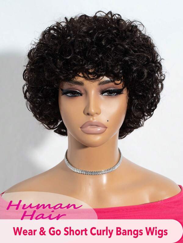 Human Hair Short Deep Curly Bob Wigs With Bangs 6 Inch Brazilian Afro Curly Human Hair Wigs Glueless Machine Made Short Pixie Cut Wigs For Women Natural Black