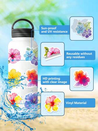 50/100张芙蓉花贴纸，艺术春季花卉乙烯基防水贴纸，适用于水瓶、笔记本电脑，送给朋友的可爱礼物，派对礼物，适合成人和青少年的精美贴纸，返校季，学习用品