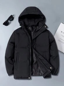 1pc Tween Boy Fashionable Loose Fit Casual Outdoor Thick Hooded Jacket, Winter - Black - View 2