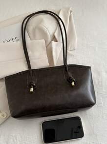 1pc Brown Quilted Zipper Closure Solid Color PU Bowling Bag, Large Capacity Tote Bag, Fashionable New Design, Shoulder Bag With Vintage Style, Suitable For Ladies Everyday Use, Autumn/Winter - Coffee Brown - View 9