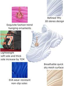 Women's Fashion Casual Sports Shoes With Sunflower Metal Decorative Charm, Outdoor All Season High Platform White High Heel Shoes, Lightweight Soft Bottom Shock Absorbing Running Sneakers, Summer Breathable Quick Dry Mesh Sandals, Round Toe Lace-Up White Shoes For College Students, Teenagers, Daily, Date, Workout, Office, Non-Slip Increased Height 7CM Platform Sports Shoes