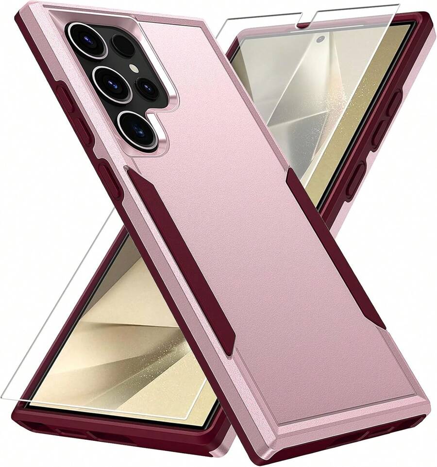 Heavy Duty Phone Case Designed For Galaxy Series Case With 1Pc Tempered Glass Screen Protector, Shockproof Dropproof Anti-Scratch Phone Case Cover For Galaxy Series - Pink - View 1