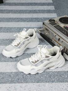 白色和灰色反光设计透气舒适宽版厚底坡跟鞋，适合庆祝、日常穿着、度假、节日、时尚外出，不累的厚底坡跟鞋 - 白灰 - 查看 6