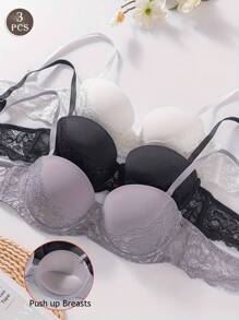 3pcs Lace Padded Push-Up Bra Set, Thickened Cup Lining, [Suggest Sizing Up] - Multicolor - View 2